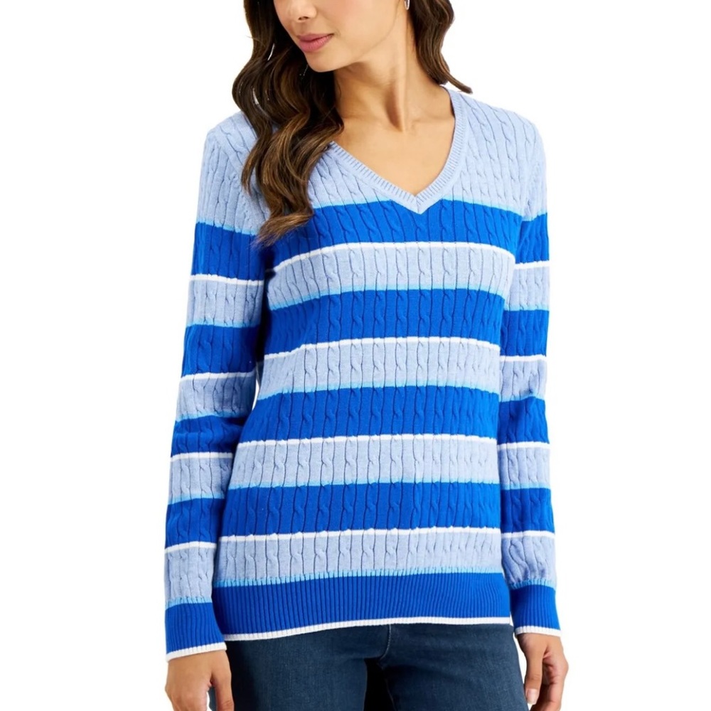 Karen Scott Gianna Cotton Striped Cable V-Neck Sweater Blue Size Large